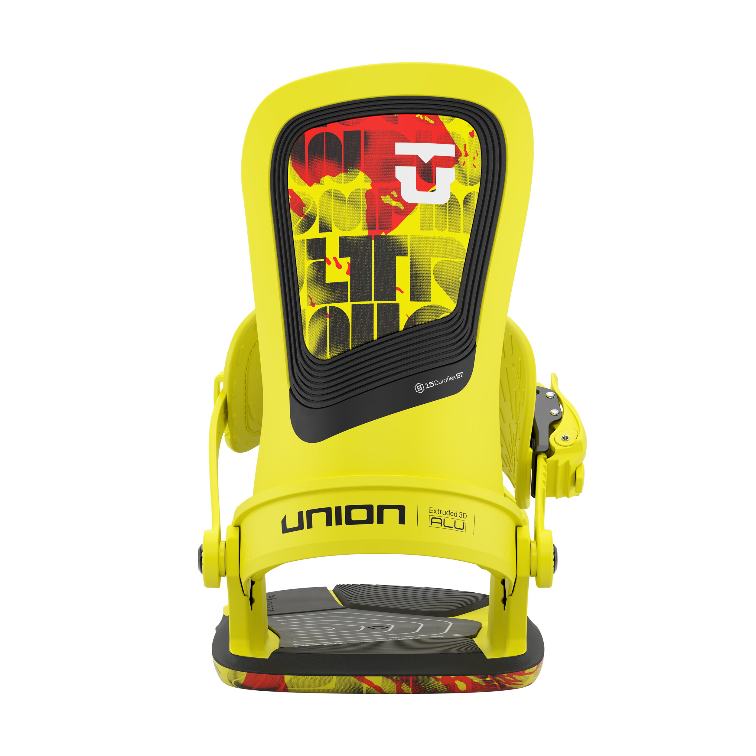 Union Ultra Snowboard Bindings 2026 - A pair of yellow snowboard bindings with a black base and red accents on the straps.