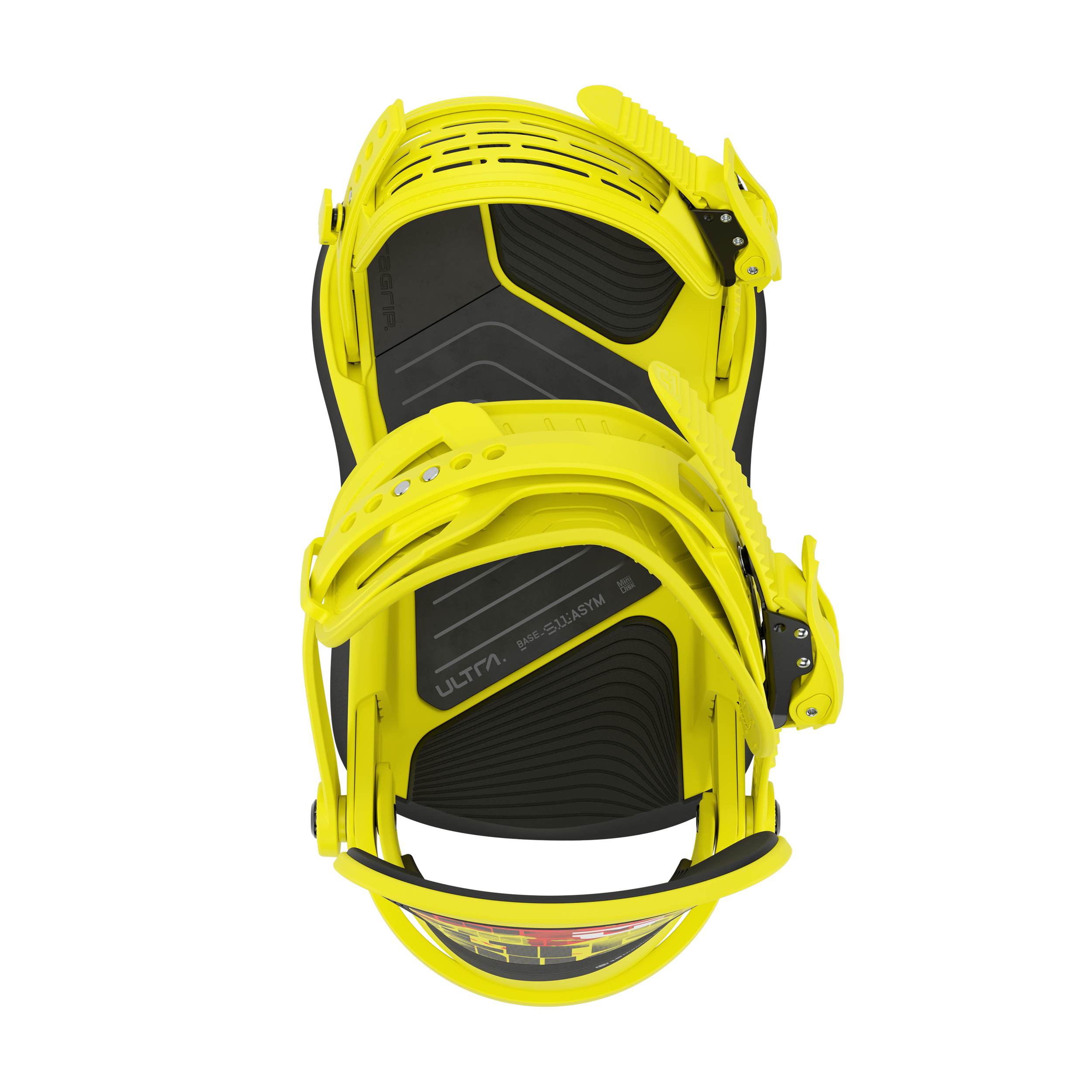 Union Ultra Snowboard Bindings 2026 - A pair of bright yellow snowboard bindings with black straps and buckles, viewed from above.