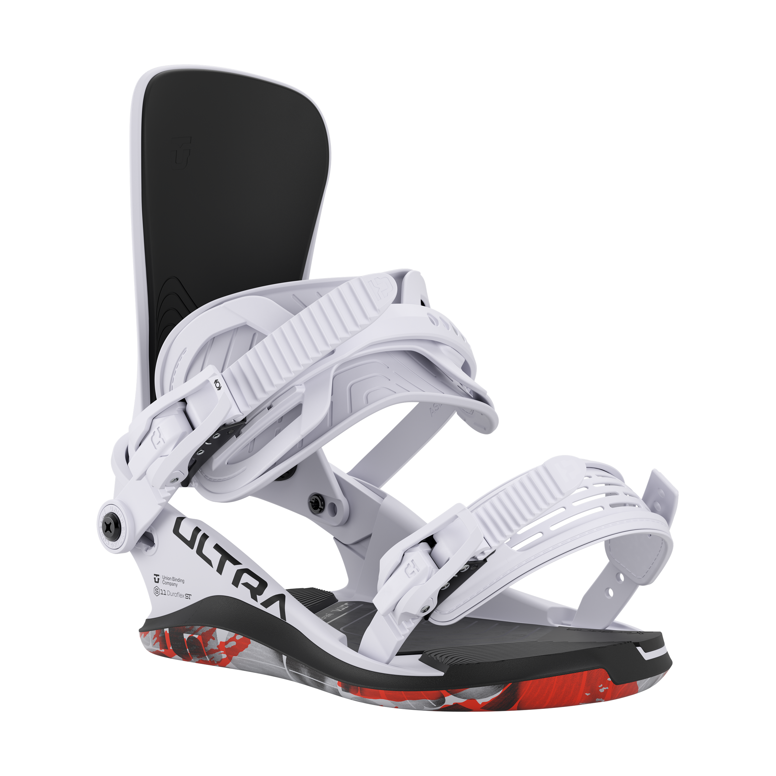 Union Ultra Snowboard Bindings - White bindings with black straps on a white background.