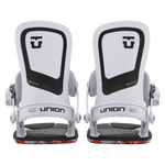 Union Ultra Snowboard Bindings 2026 - A pair of white snowboard bindings with black accents and a red patterned base plate.