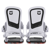Union Ultra Snowboard Bindings 2026 - A pair of white snowboard bindings with black accents and a red patterned base plate.