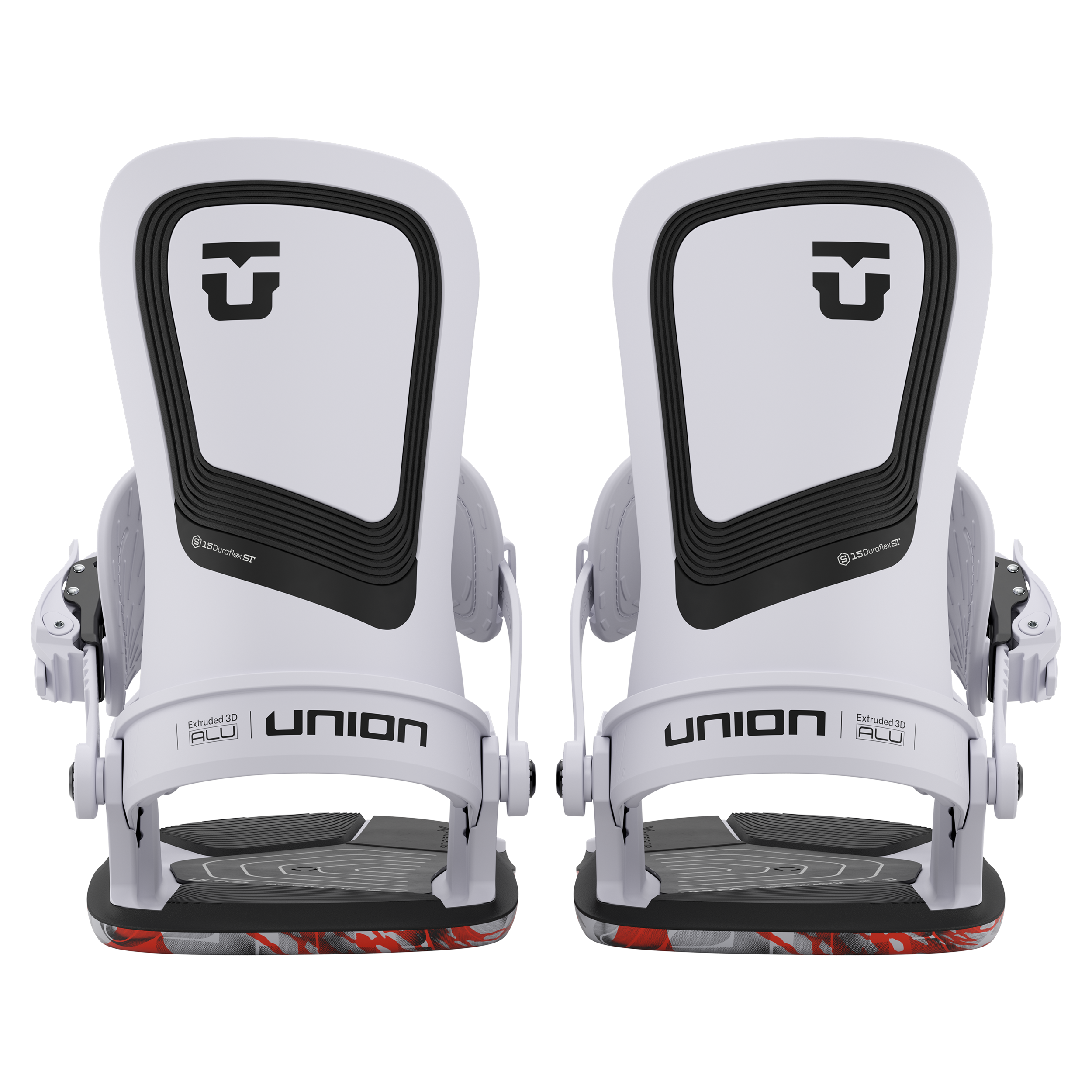 Union Ultra Snowboard Bindings 2026 - A pair of white snowboard bindings with black accents and a red patterned base plate.