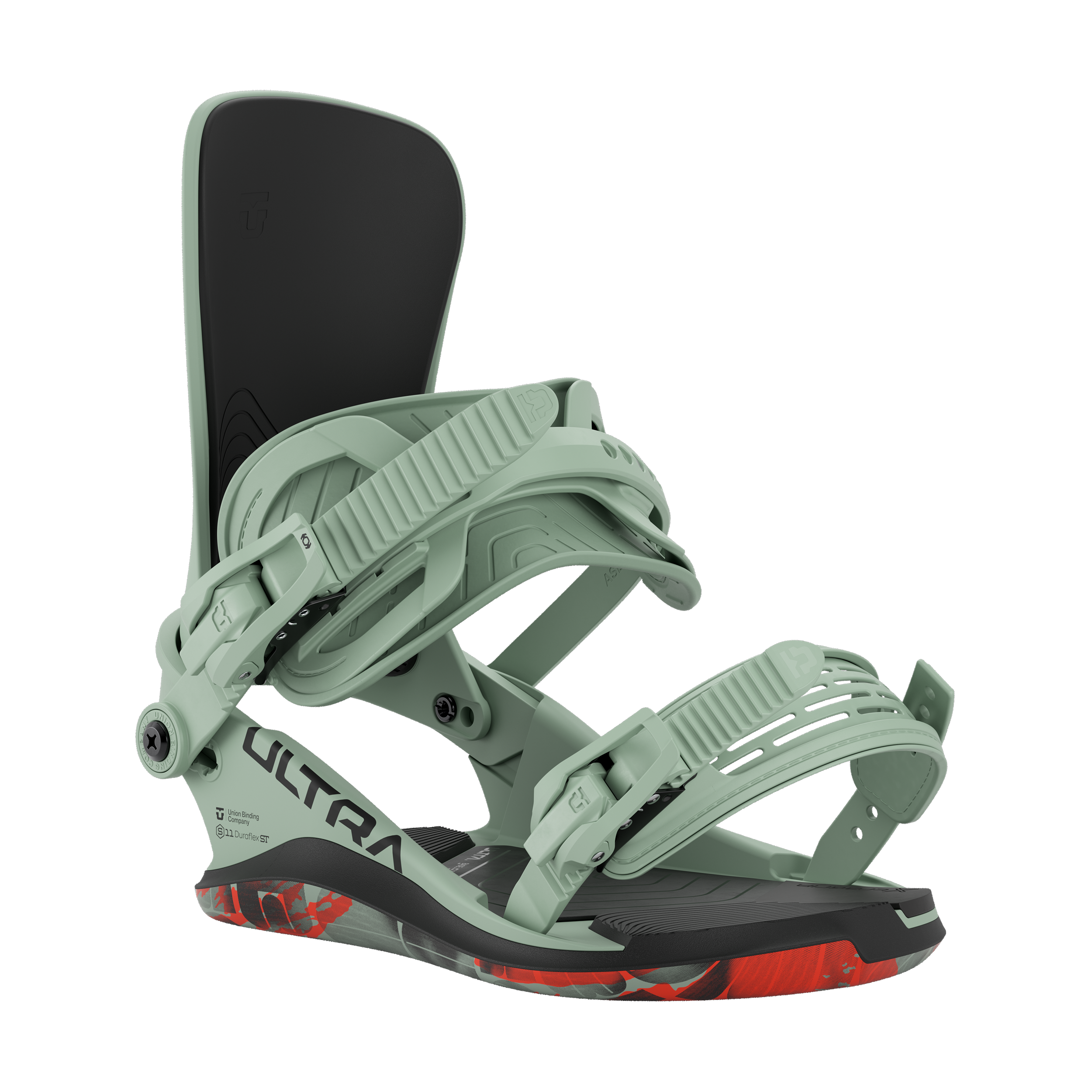 Union Ultra Snowboard Bindings 2026 - A pair of sage green snowboard bindings with black straps and buckles, featuring a sleek design on a solid white background.