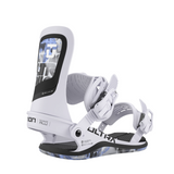 Union Women's Ultra Snowboard Binding - A white snowboard binding with a black logo on the strap and a blue patterned baseplate.