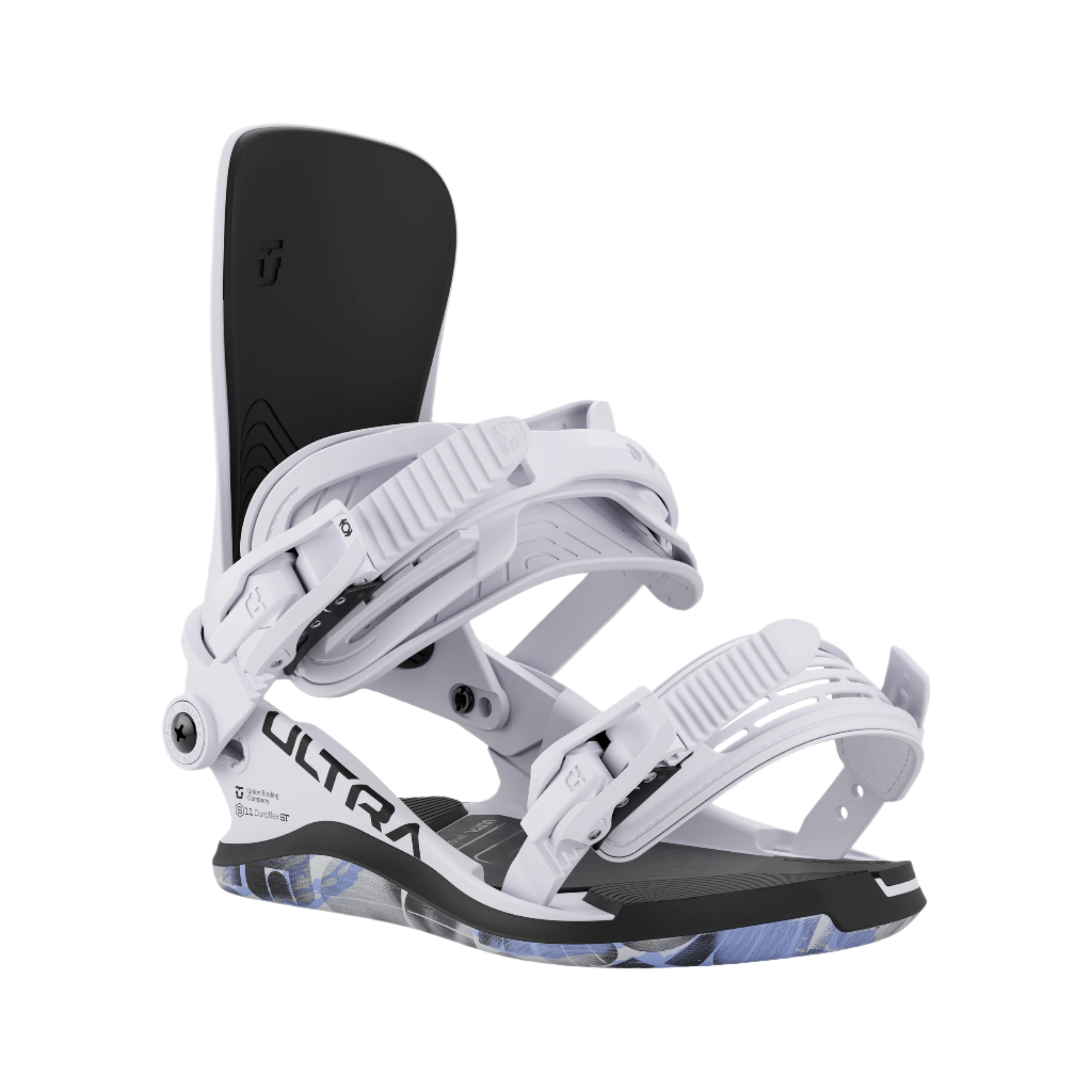 Union Women's Ultra Snowboard Binding - A black snowboard binding with a white strap and buckle, featuring a blue pattern on the baseplate.