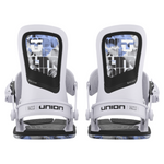 Union Women's Ultra Snowboard Binding - A white snowboard binding with a black strap and silver screws, featuring a blue pattern on the baseplate.