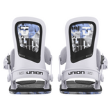 Union Women's Ultra Snowboard Binding - A white snowboard binding with a black strap and silver screws, featuring a blue pattern on the baseplate.