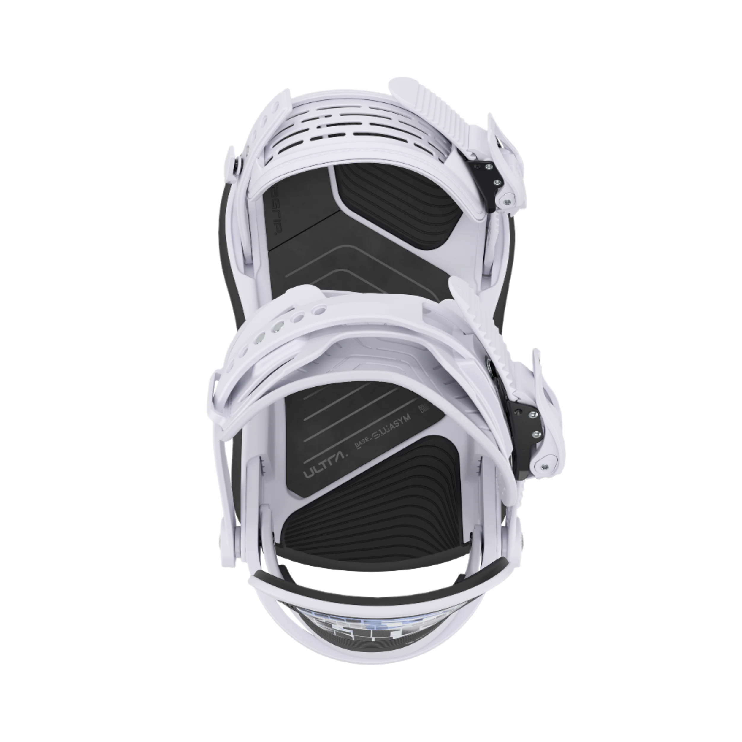 Union Women's Ultra Snowboard Binding - A black snowboard binding with a white logo and silver screws, viewed from above.