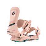 Union Women's Ultra Snowboard Binding - A light pink snowboard binding with a black logo on top and teal accents on the baseplate.
