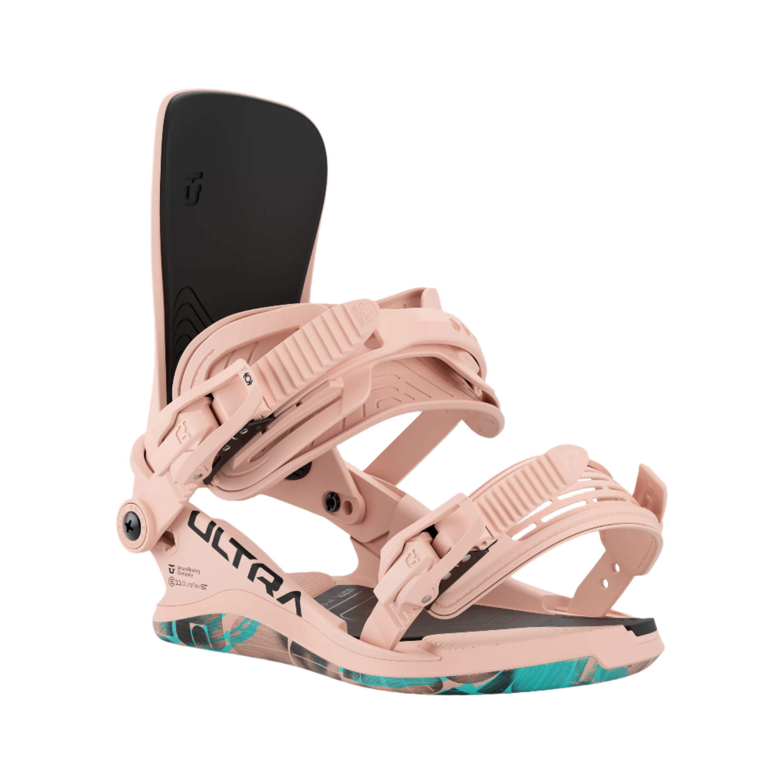 Union Women's Ultra Snowboard Binding - A light pink snowboard binding with a black strap and buckle, featuring a blue pattern on the baseplate.