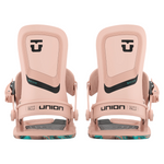 Union Women's Ultra Snowboard Binding - A pair of snowboard bindings with a black logo on top, featuring a light-colored base and straps.