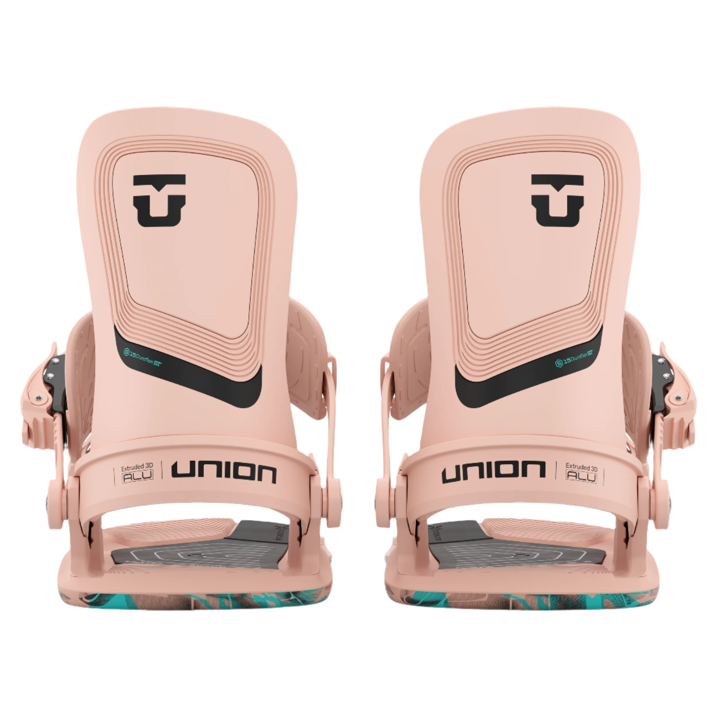 Union Women's Ultra Snowboard Binding - A pair of snowboard bindings with a black logo on top, featuring a light-colored base and straps.