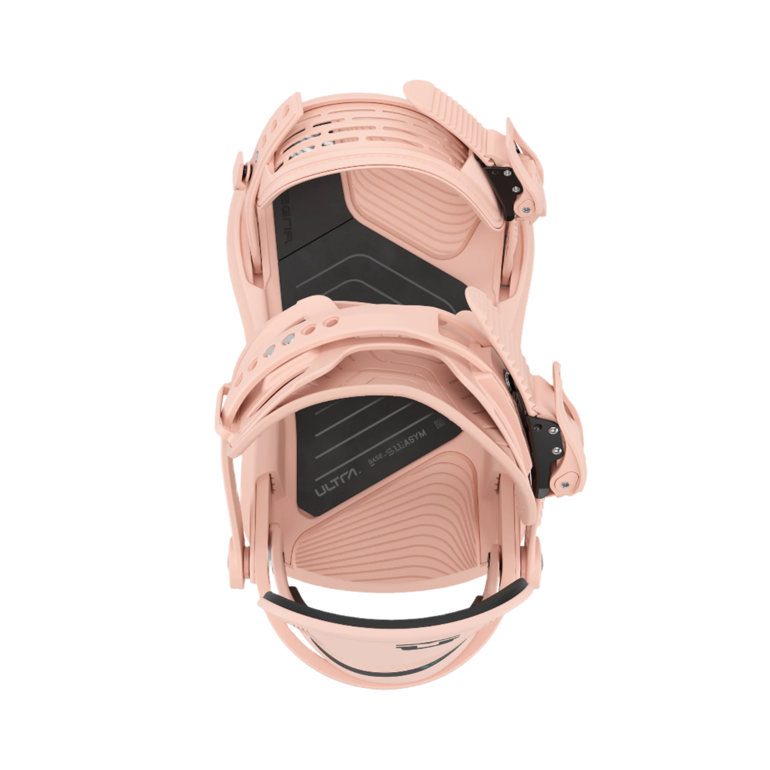 Union Women's Ultra Snowboard Binding - A light pink snowboard binding with a black strap and buckle, featuring a wavy pattern on the baseplate.