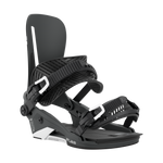 Black snowboard binding angled view with ankle and toe straps plus heel cup.
