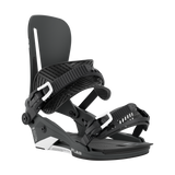 Black snowboard binding angled view with ankle and toe straps plus heel cup.