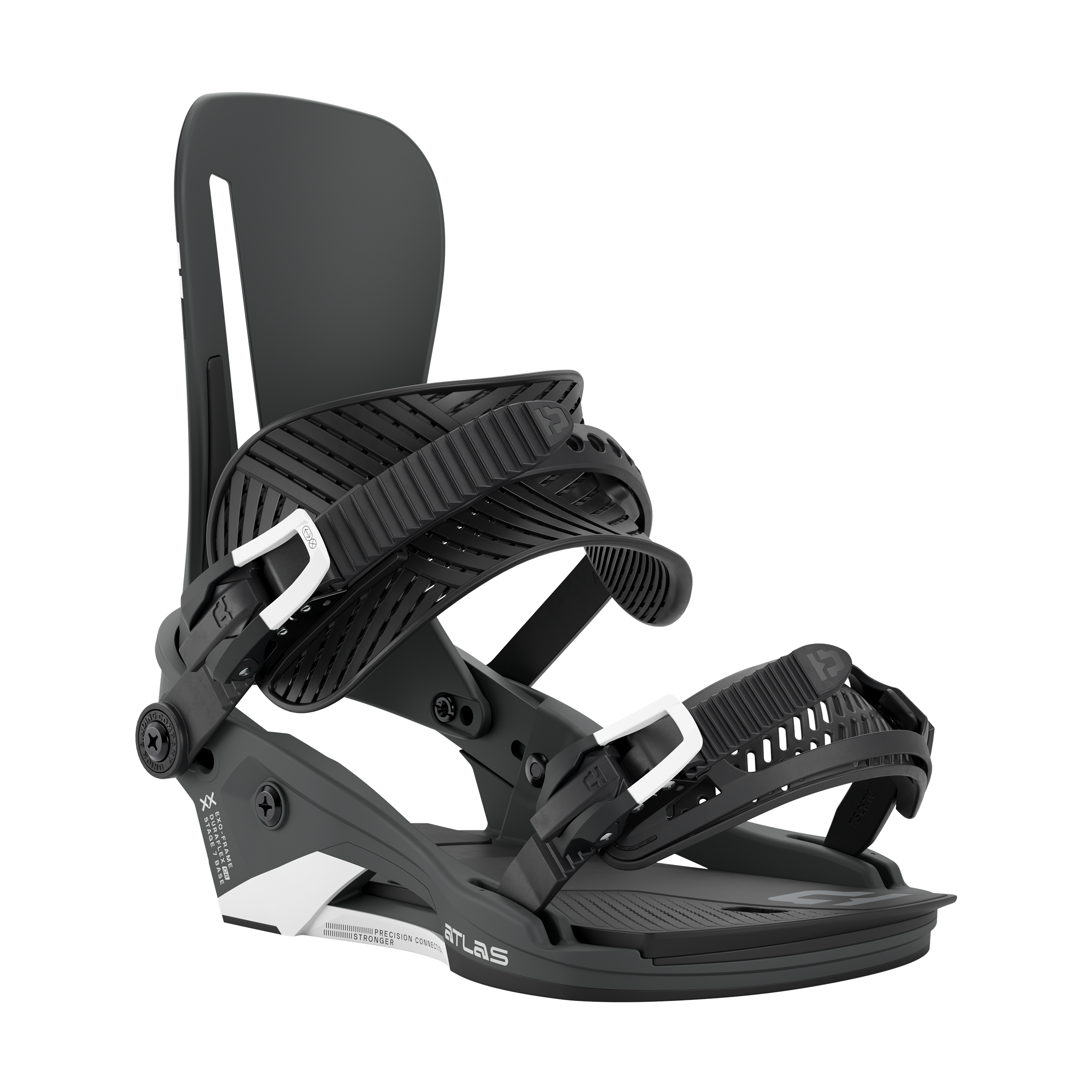 Black snowboard binding angled view with ankle and toe straps plus heel cup.