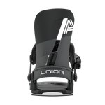Black snowboard binding with UNION logo on ankle strap and molded base.