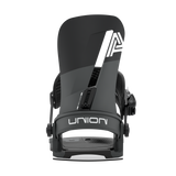 Black snowboard binding with UNION logo on ankle strap and molded base.