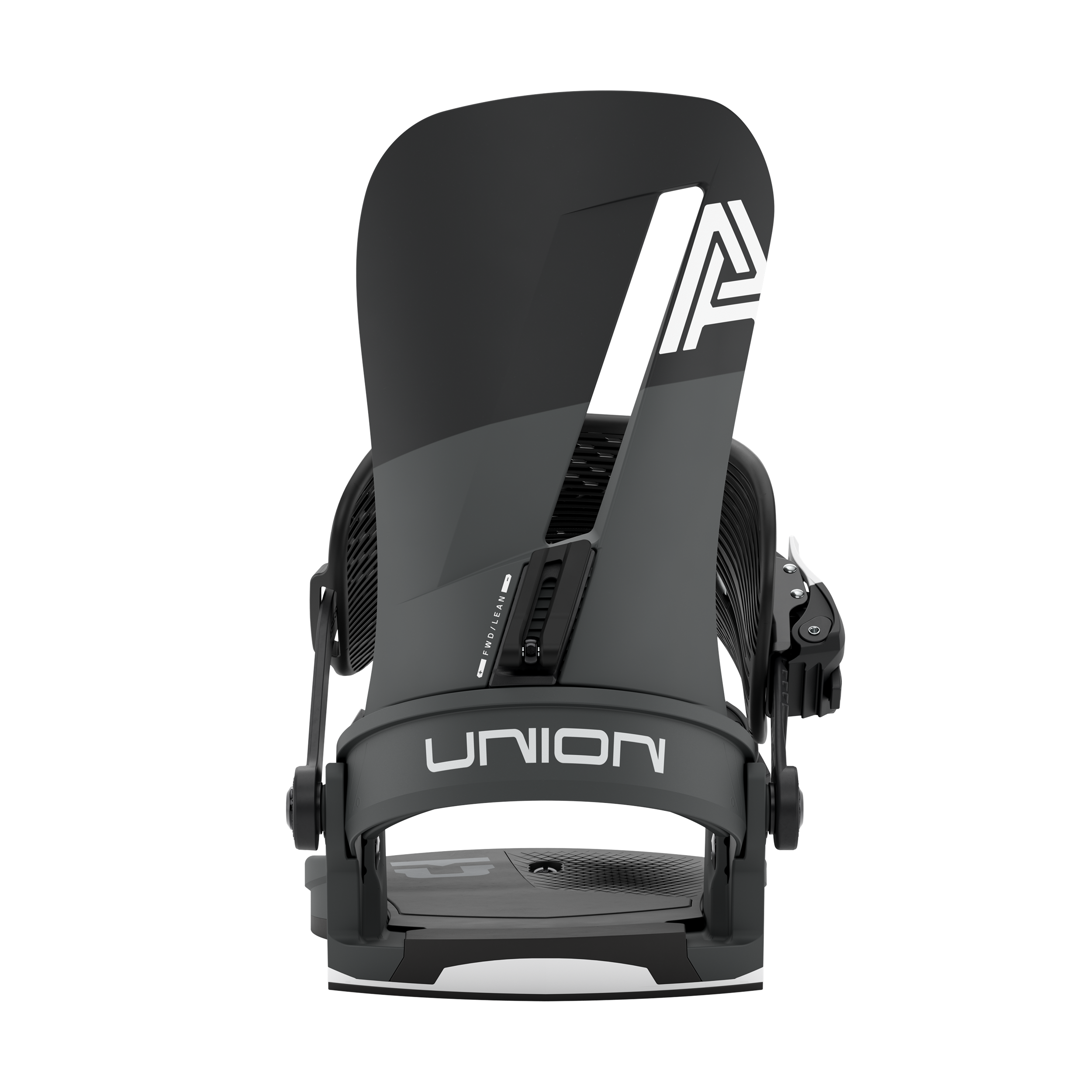 Black snowboard binding with UNION logo on ankle strap and molded base.