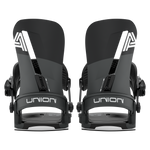 Black snowboard binding with UNION logo and padded base, two front straps.