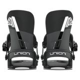 Black snowboard binding with UNION logo and padded base, two front straps.