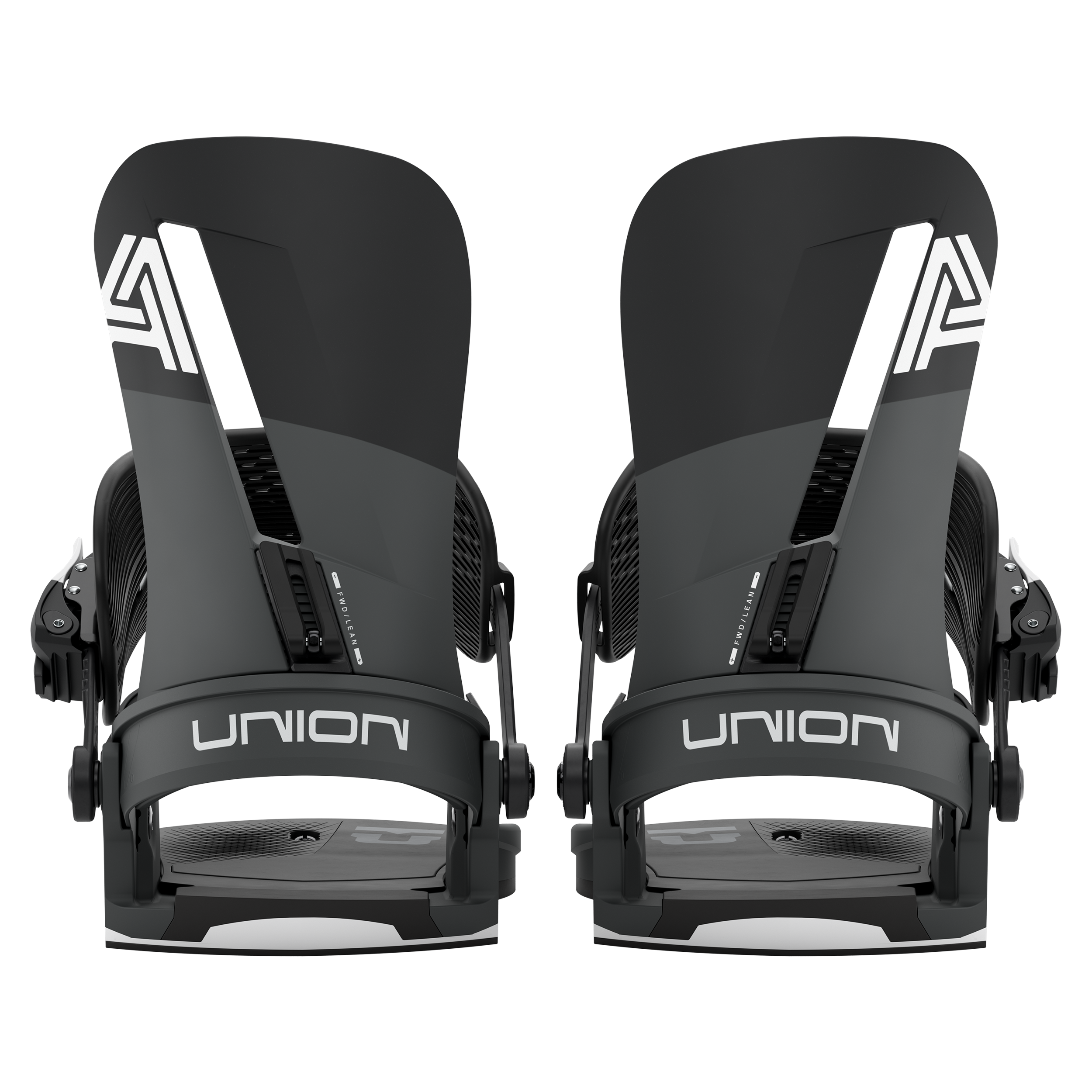 Black snowboard binding with UNION logo and padded base, two front straps.