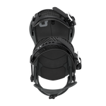 Black snowboard binding rear view with heel straps and textured heel cup.