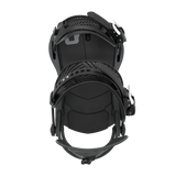 Black snowboard binding rear view with heel straps and textured heel cup.