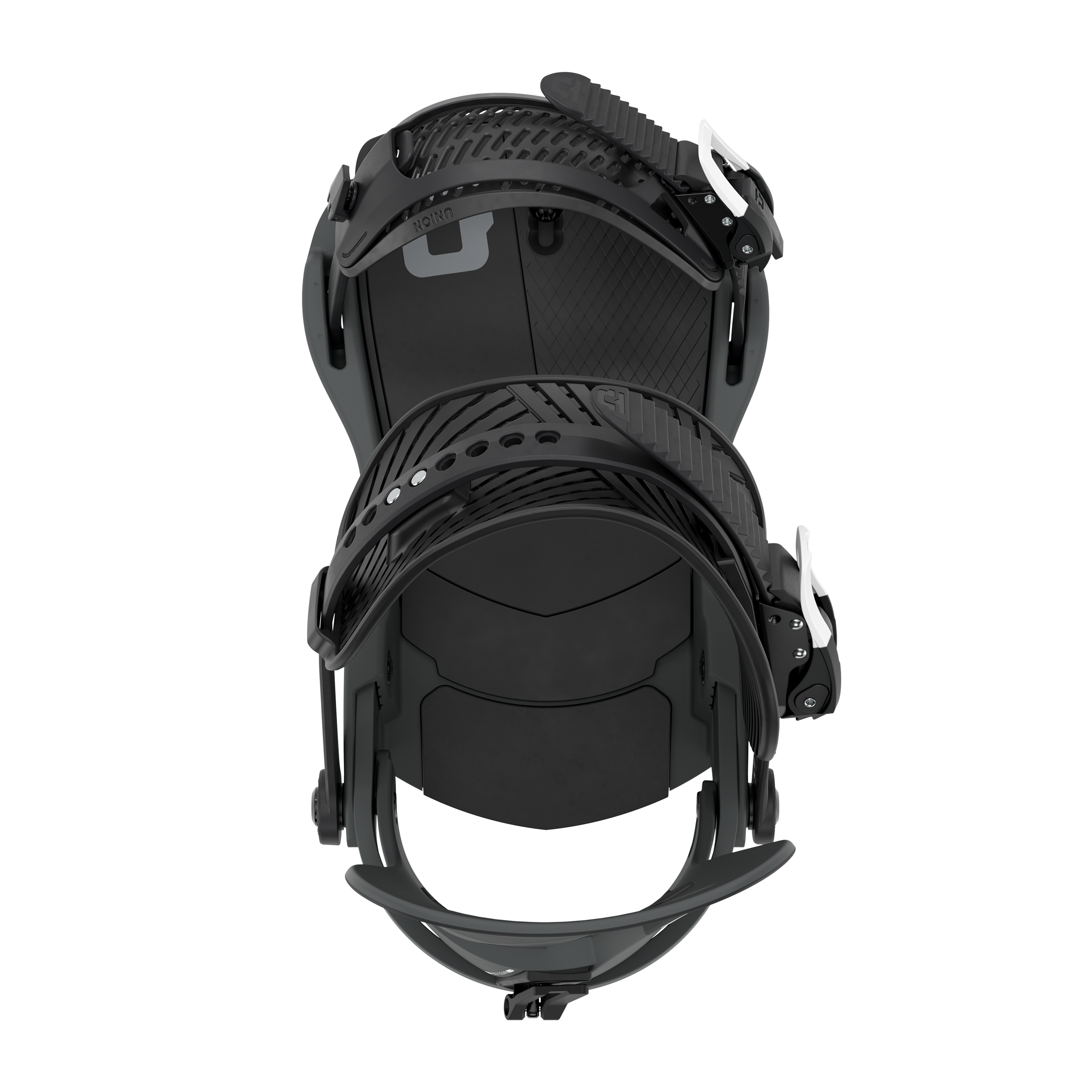 Black snowboard binding rear view with heel straps and textured heel cup.
