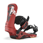 Red snowboard binding in profile with black straps and ATLAS PRO base
