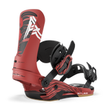 Red snowboard binding in profile with black straps and ATLAS PRO base