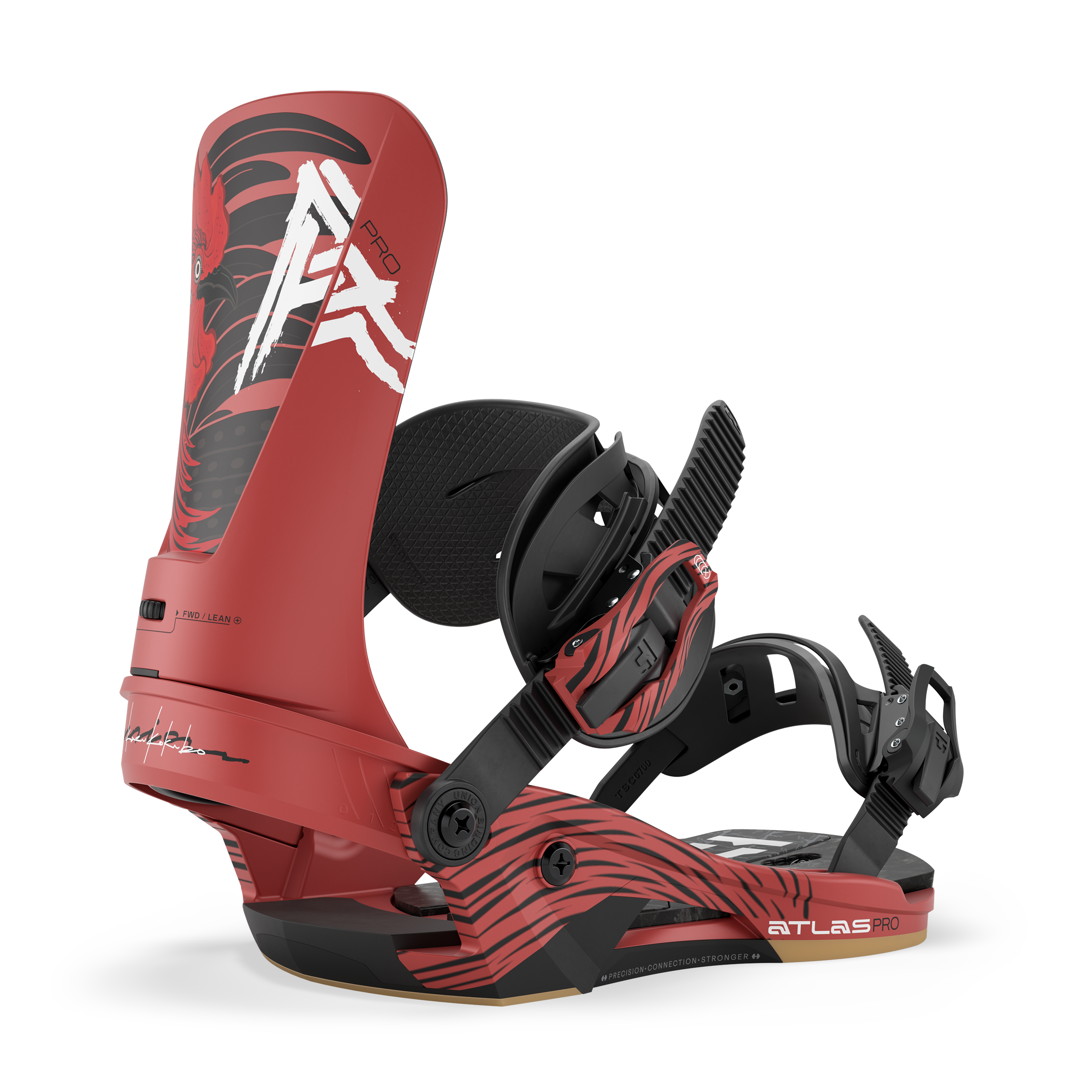 Red snowboard binding in profile with black straps and ATLAS PRO base