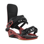 Red snowboard binding with black highback and strap details, side angle