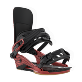 Red snowboard binding with black highback and strap details, side angle