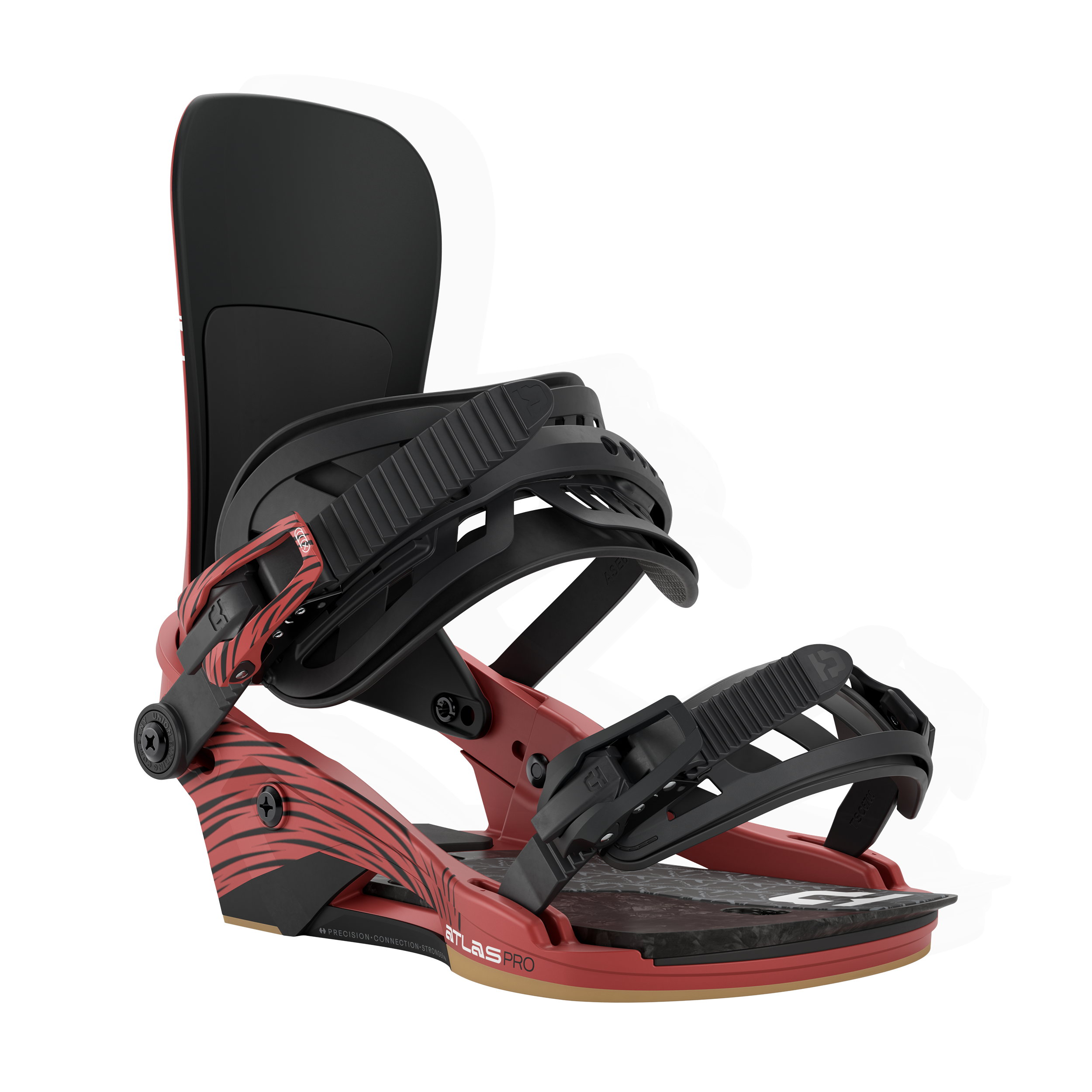 Red snowboard binding with black highback and strap details, side angle