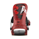 Red snowboard binding with front plate and black base, dragon graphic