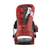 Red snowboard binding with front plate and black base, dragon graphic