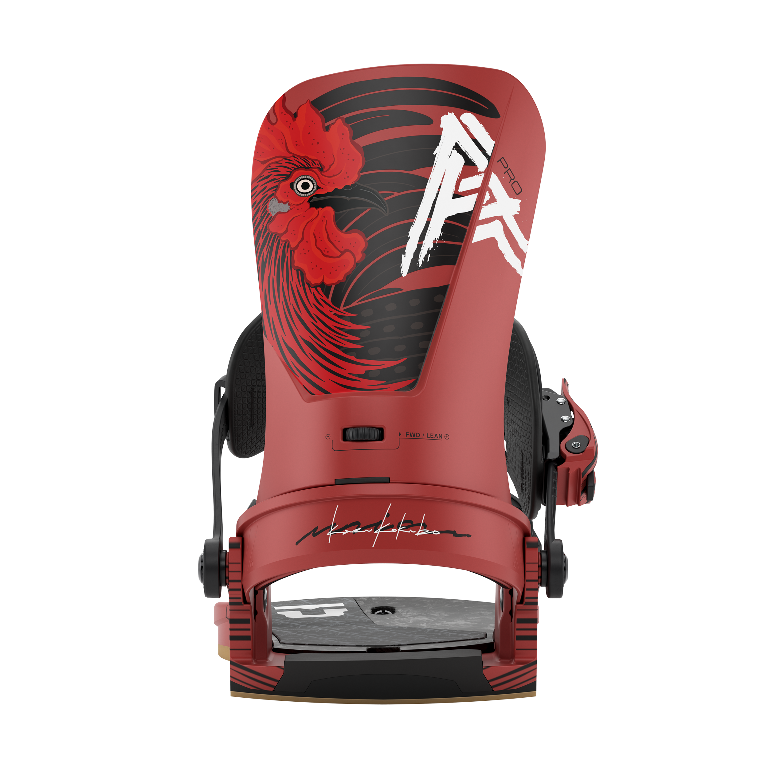 Red snowboard binding with front plate and black base, dragon graphic