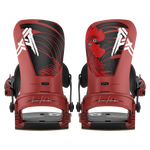 Pair of red snowboard bindings, front view with black straps and dragon artwork