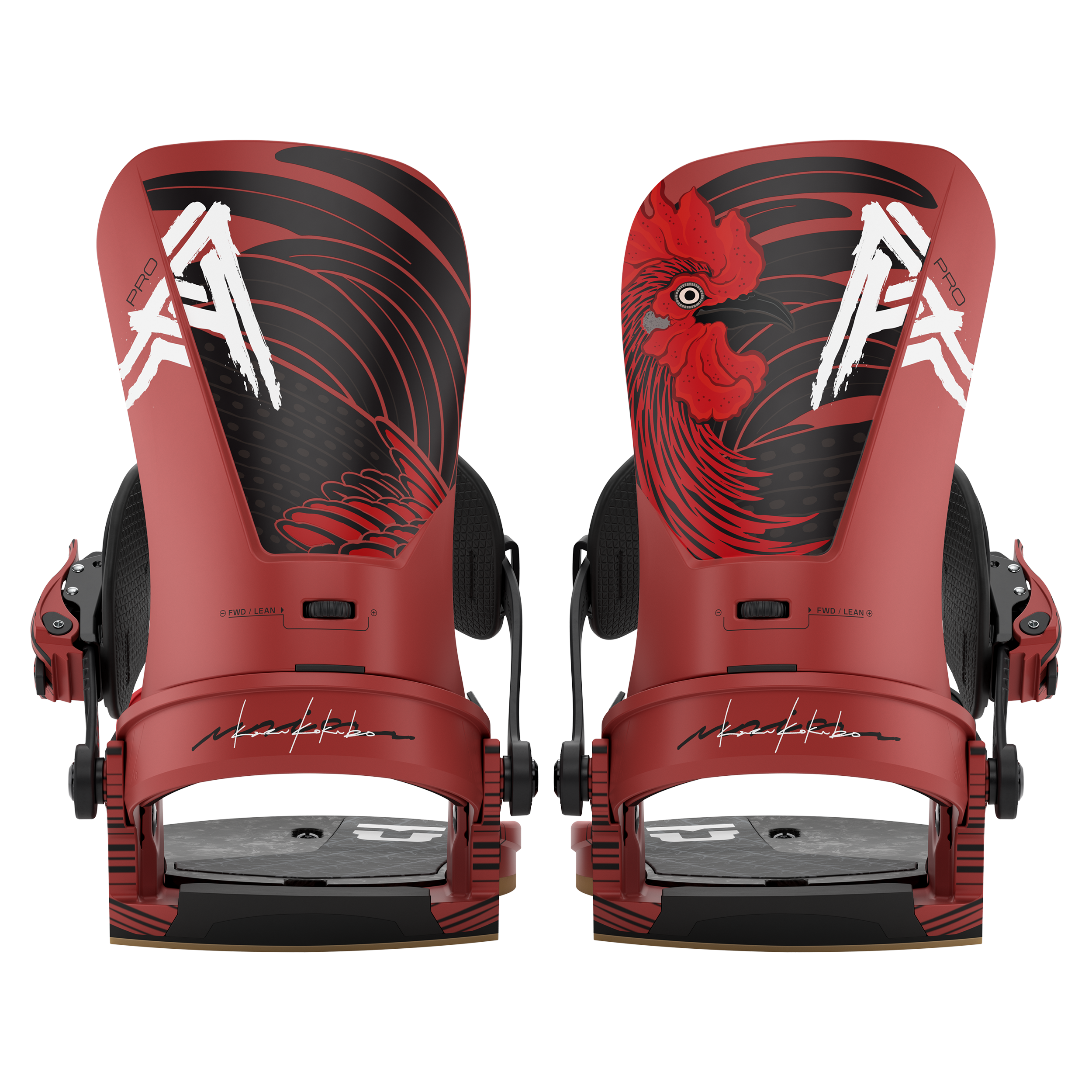 Pair of red snowboard bindings, front view with black straps and dragon artwork