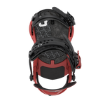Red snowboard binding with black highback and ankle straps, rear view