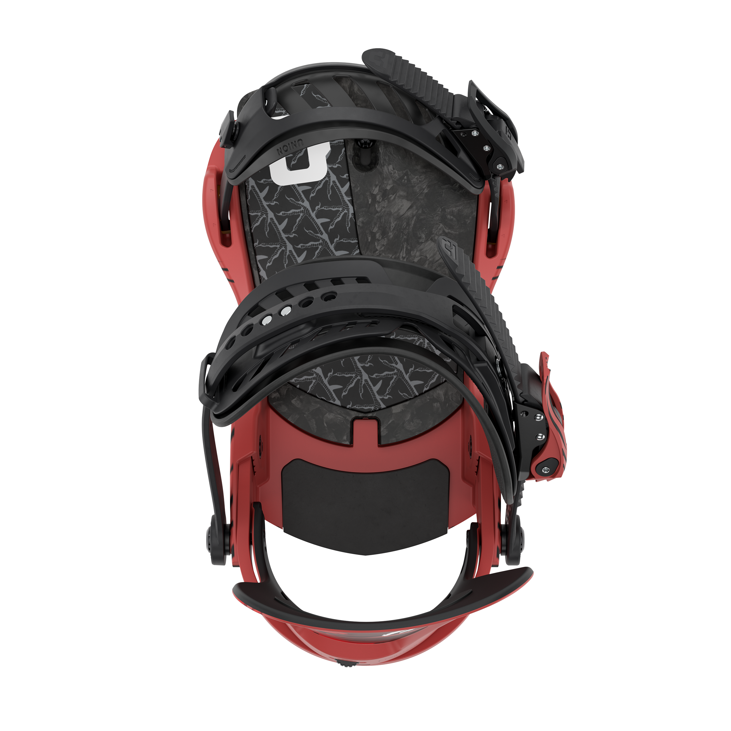 Red snowboard binding with black highback and ankle straps, rear view