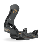 Men's Step On snowboard binding side view in dark color with gold logo accents