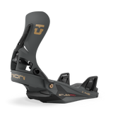 Men's Step On snowboard binding side view in dark color with gold logo accents
