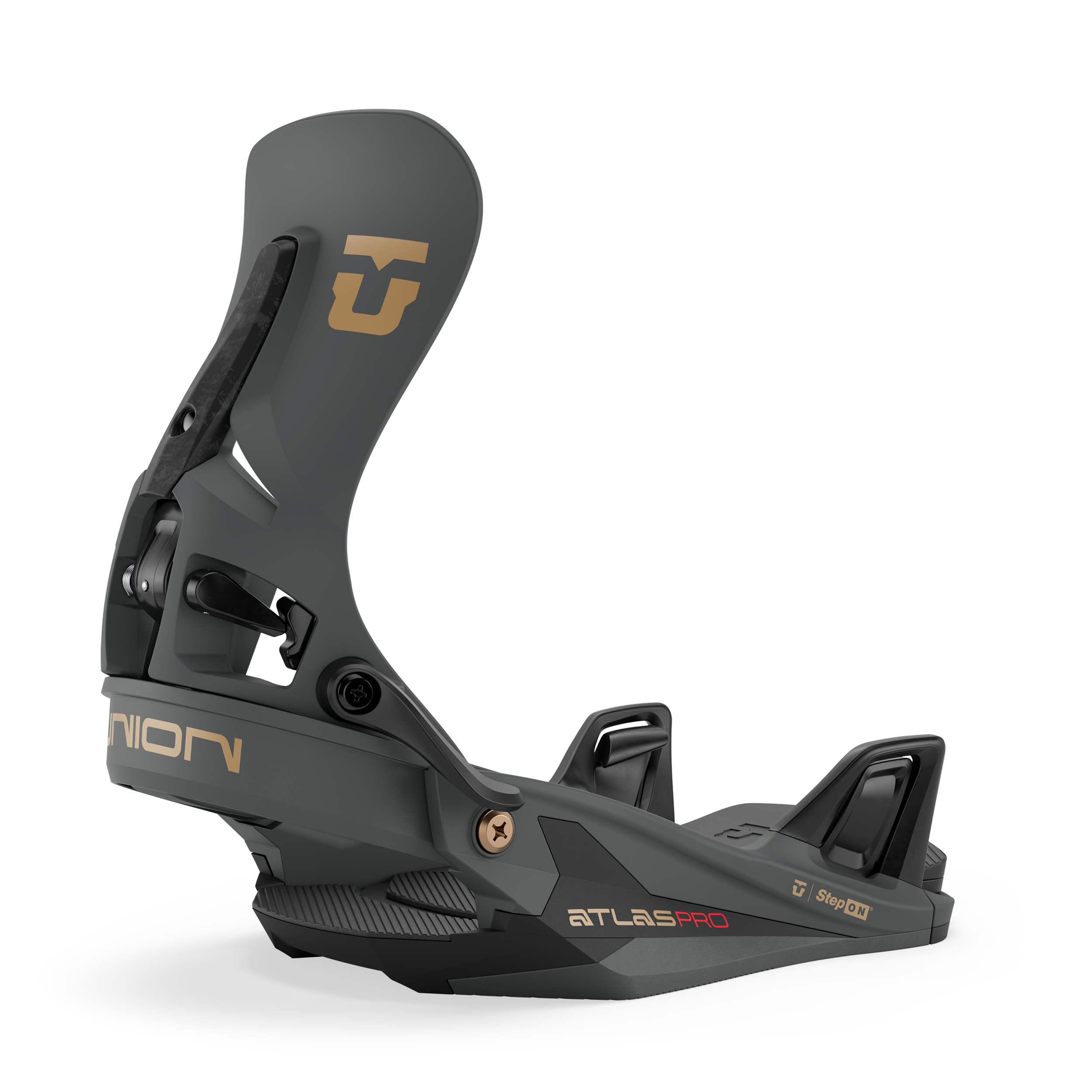 Men's Step On snowboard binding side view in dark color with gold logo accents