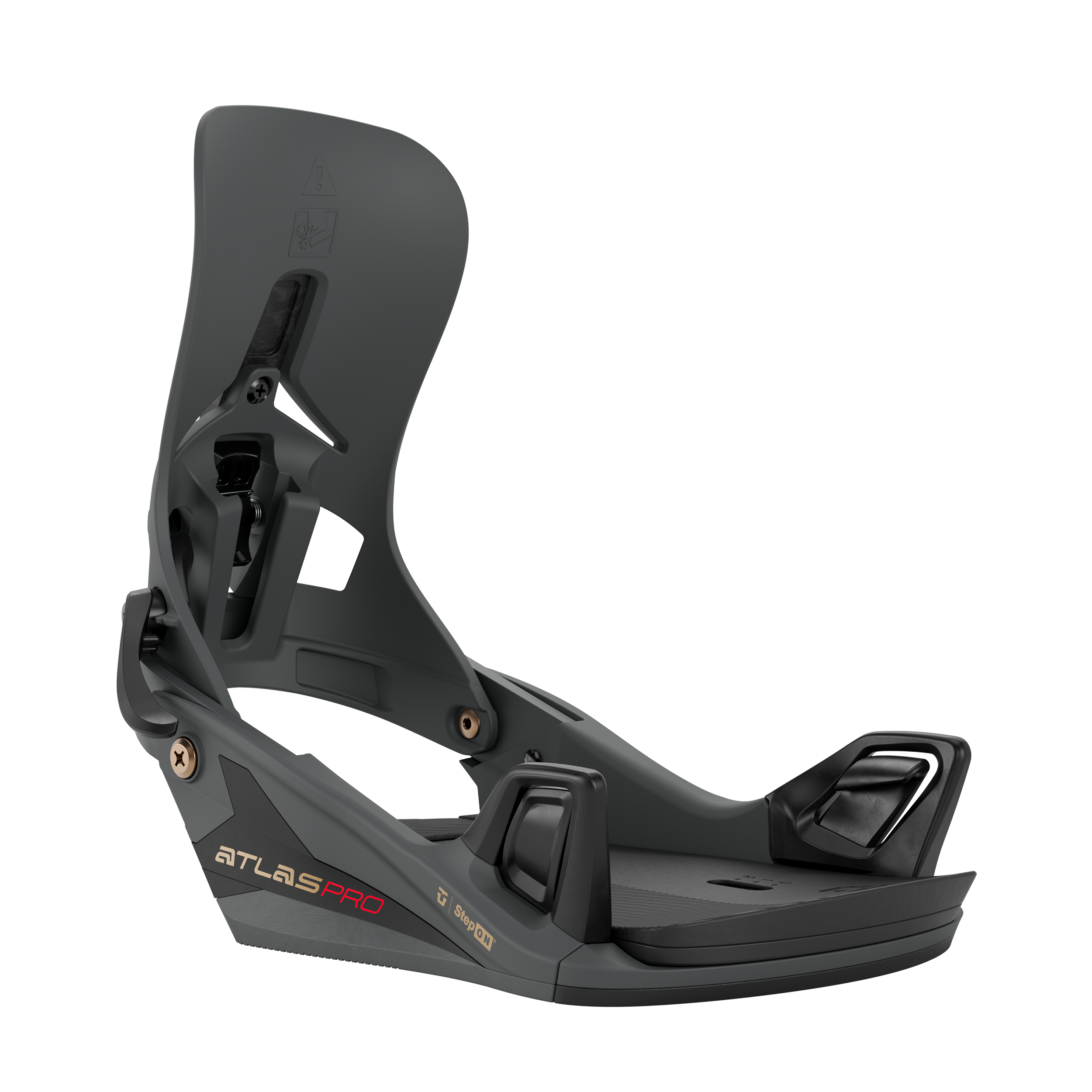 Men's Step On snowboard binding side view in dark color with black foot straps