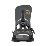 Men's Step On snowboard binding front view in dark color with gold logo accents