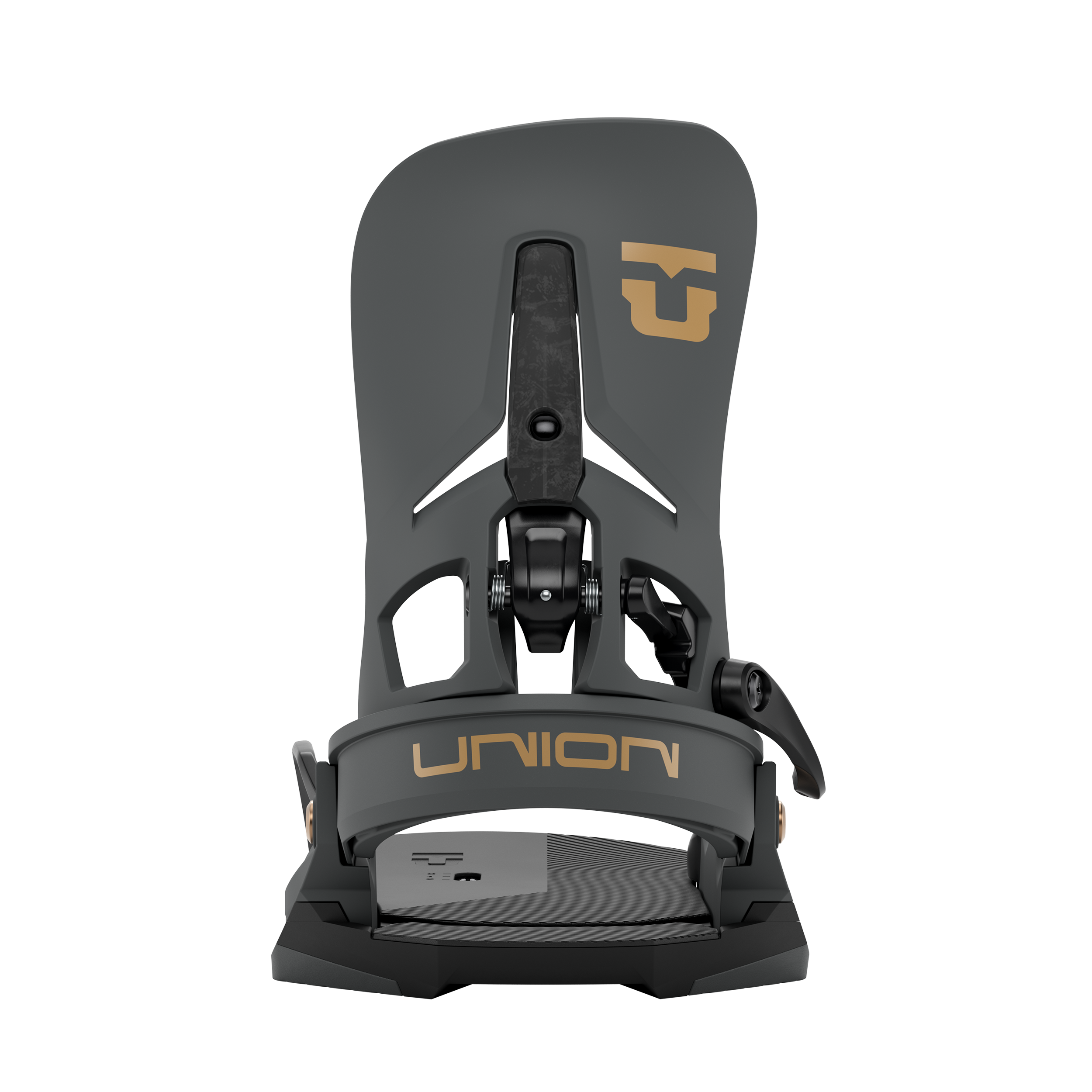 Men's Step On snowboard binding front view in dark color with gold logo accents