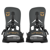 Pair of men's Step On snowboard bindings in dark color with gold high back logos