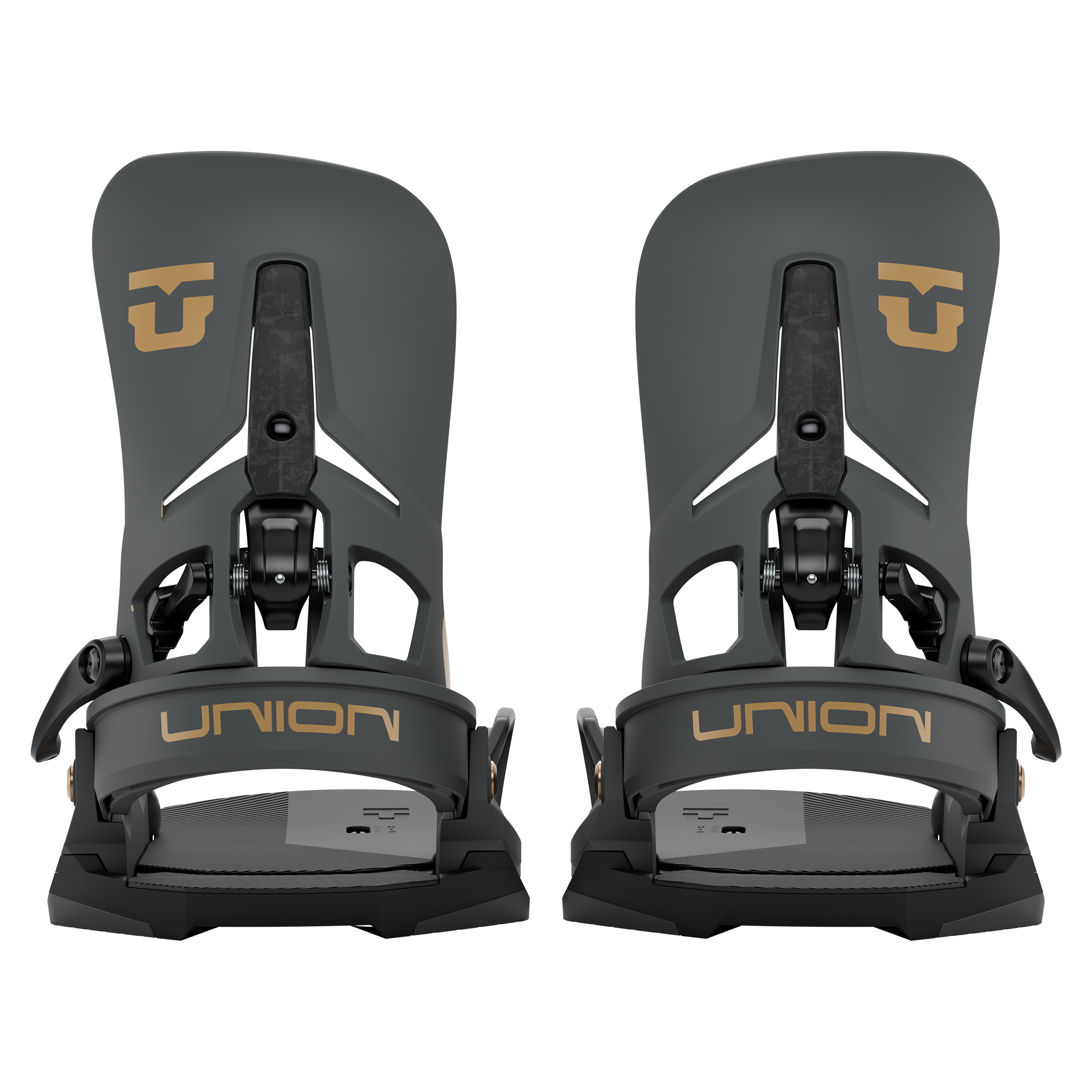Pair of men's Step On snowboard bindings in dark color with gold high back logos